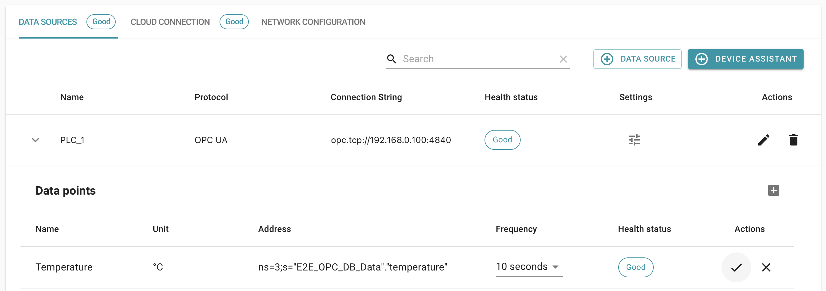 OPC UA datapoint configuration